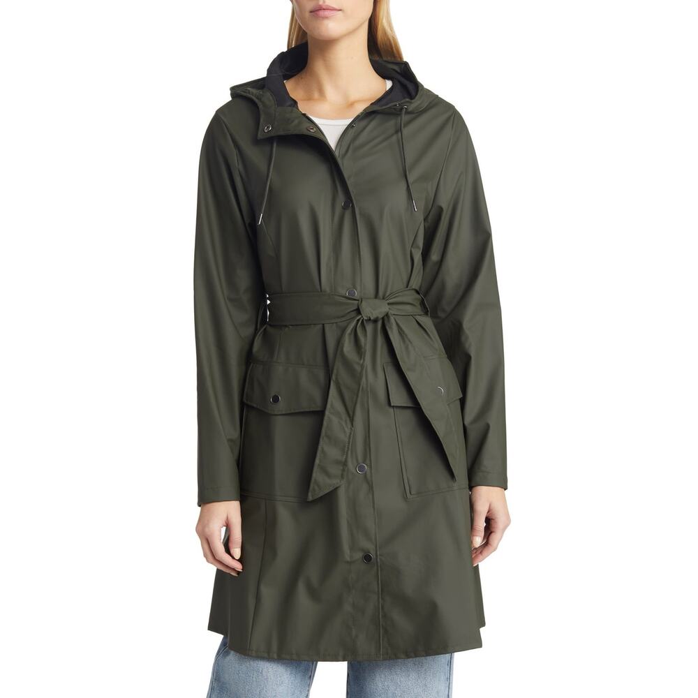 Rains Curve Waterproof Belted Jacket Green Large EUC